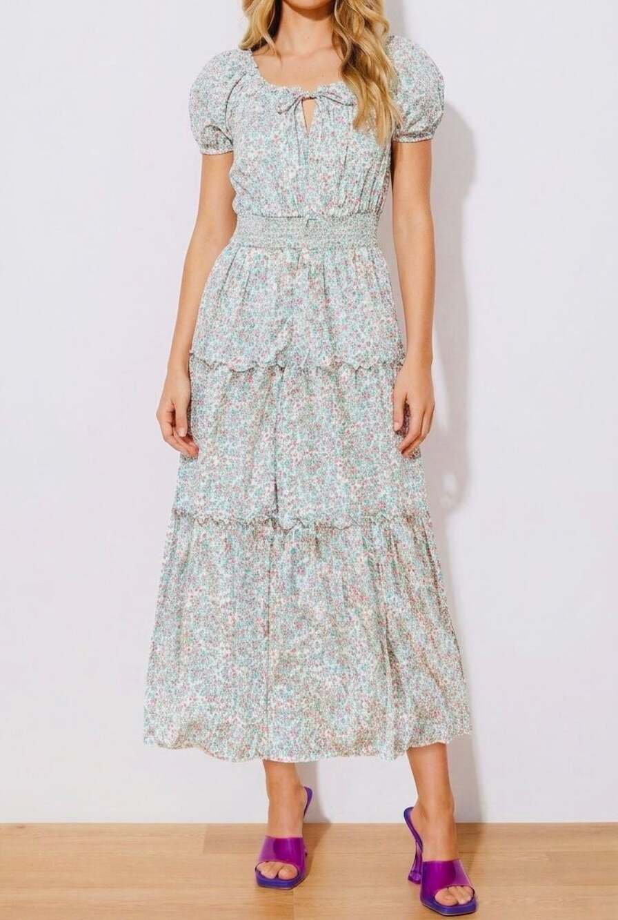 J.Crew Puff Sleeve Smocked Tiered Floral Midi Dress